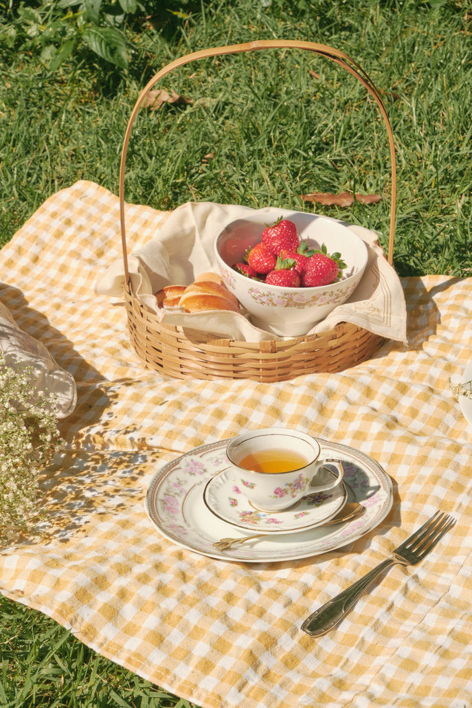Tea Set with Basket of Pastries and Strawberries