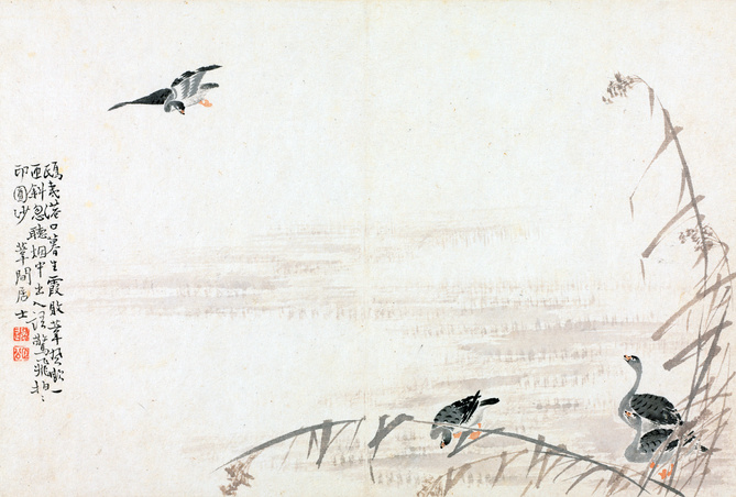大雁芦苇水墨画