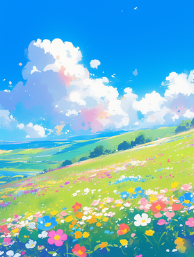 手绘感自然草地背景-天空草地背景