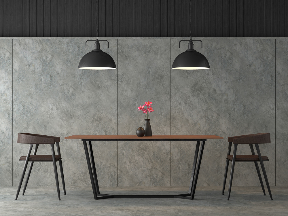 Modern loft dining room with metal furniture 3d render